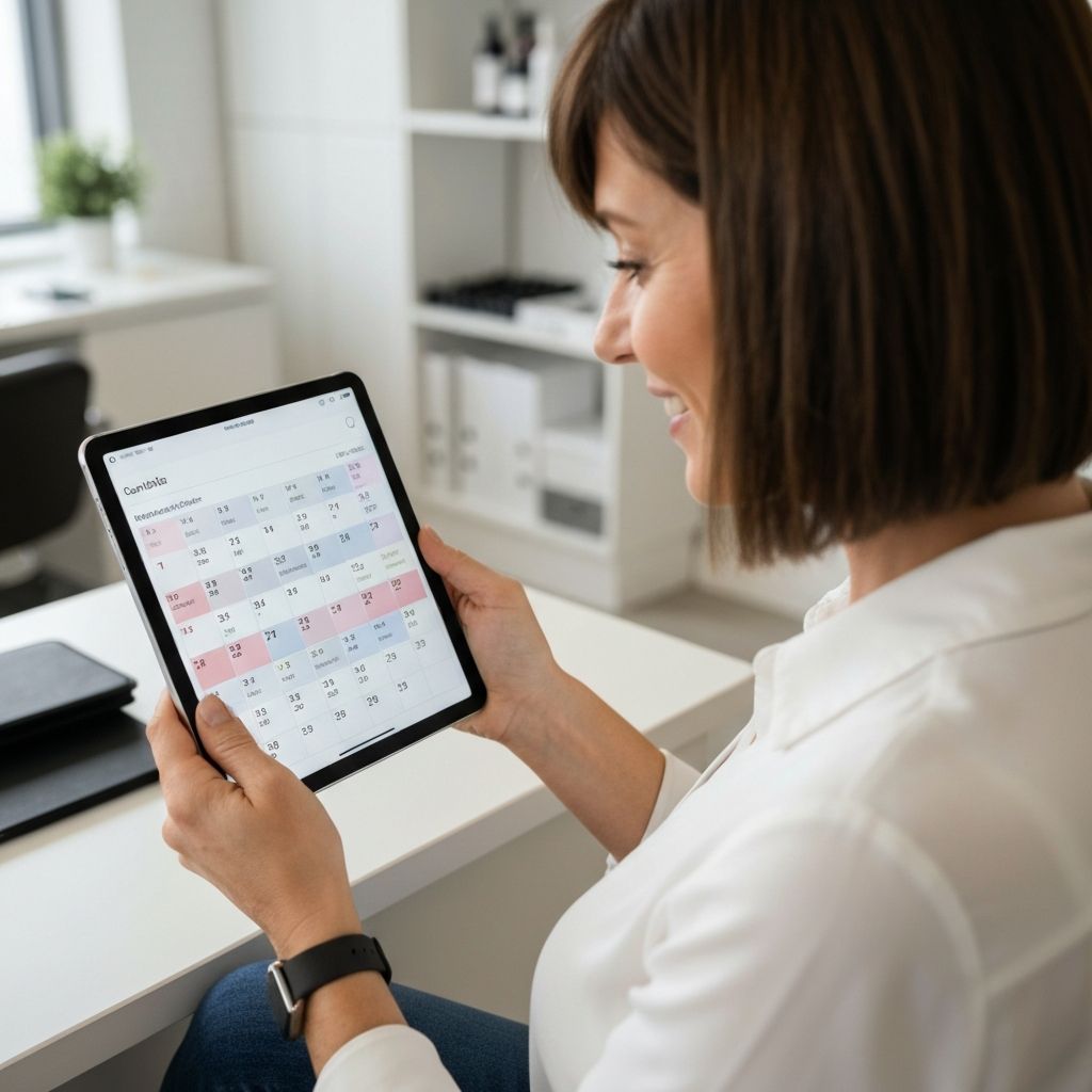 Salon manager viewing digital calendar with staff schedules