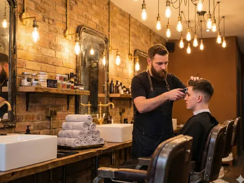 Barber combing a client's hair in a brick-wall barbershop