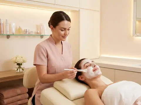 Beauty therapist applying makeup in a bright salon