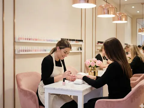 Colourful nail salon with plant wall and modern interior