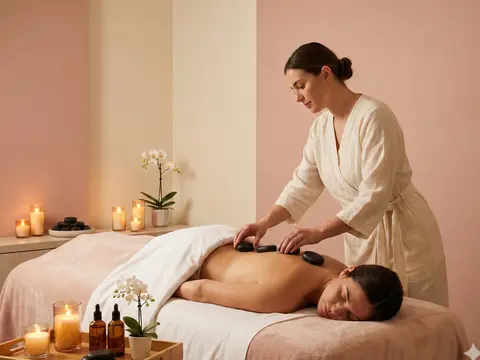 Relaxing spa environment with hot stone massage setup