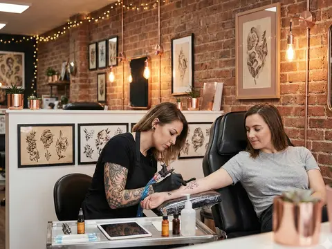 Vintage-style tattoo studio with artwork on walls